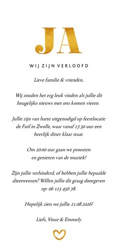 Langwerpige verlovingskaart met foto en goudlook Ja Achterkant