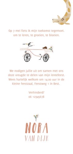Lentefeest uitnodiging hip met giraf op roze fiets Achterkant