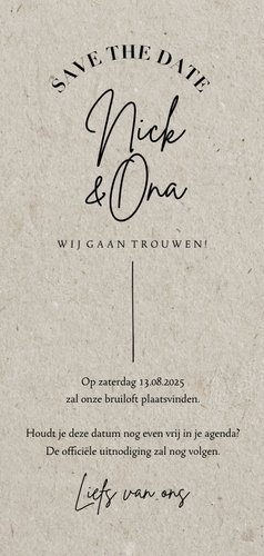 Less is more save the date trouwkaart met datum typografie Achterkant