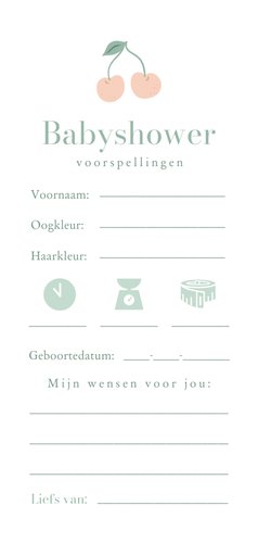 Lief babyshower voorspellingen kaartje met kersjes Achterkant