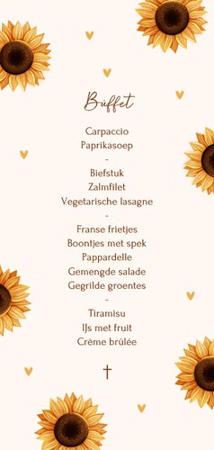 Lief communie menukaartje met zonnebloemen en hartjes Achterkant