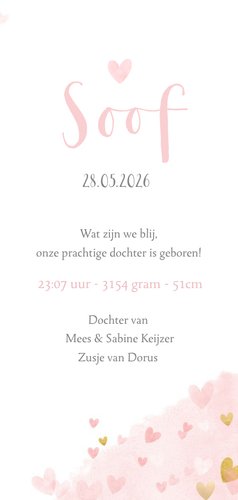 Lief en hip langwerpig geboortekaartje met waterverf hartjes 3