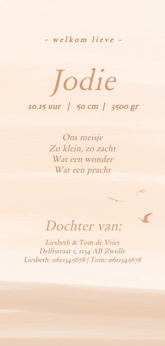 Lief geboortekaartje beige waterverf met vogels foliedruk 3