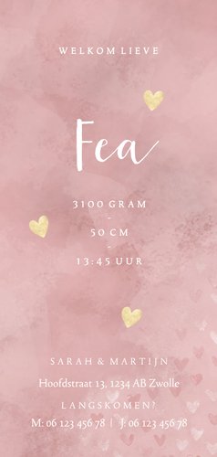 Lief geboortekaartje dwarrelende hartjes roze waterverf 3
