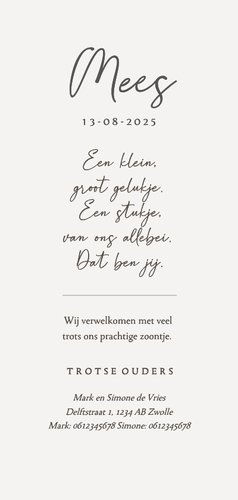 Lief geboortekaartje lijntekening kindje handen ouders Achterkant