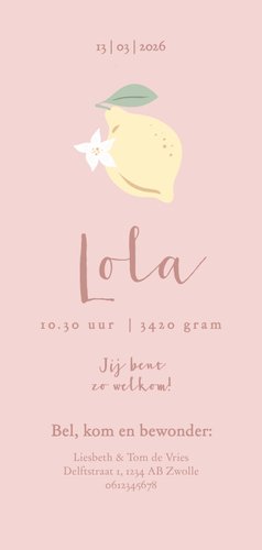 Lief geboortekaartje met citroentjes en bloemen Achterkant