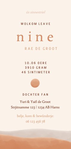 Lief geboortekaartje met landschap zon foto koperfolie Fries Achterkant