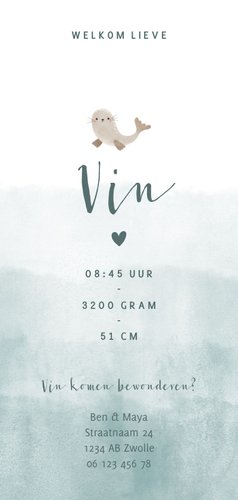 Lief geboortekaartje met zeehondje en blauwe waterverf Achterkant