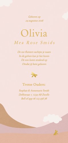 Lief geboortekaartje pastel roze landschap gouden libelle 3
