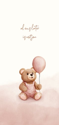 Lief geboortekaartje teddybeer met ballon roze waterverf 2