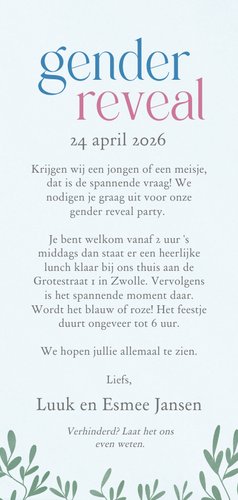 Lief kaartje voor een gender reveal party met zeepaardjes Achterkant