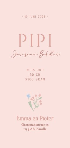 Lief langwerpig geboortekaartje met gansje en bloemen roze Achterkant