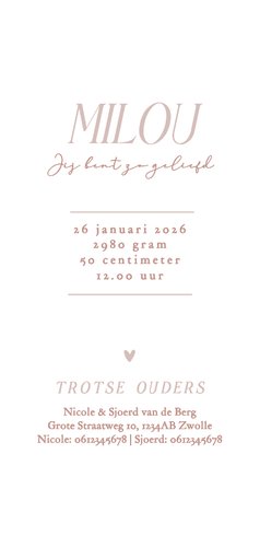 Lief roze geboortekaartje foto in kader en sneeuw winter Achterkant