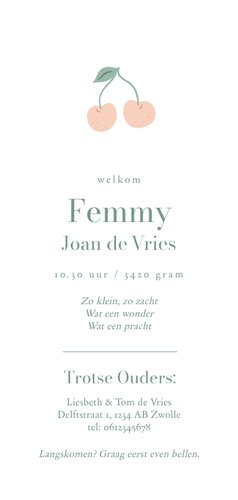 Lief subtiel geboortekaartje met kleine kersjes Achterkant