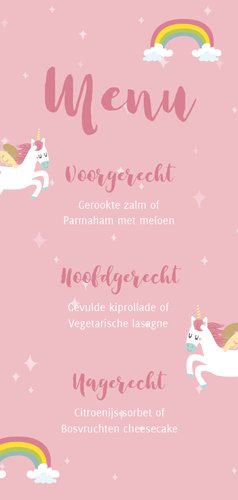 Lieve menukaart eerste communie met eenhoorns en regenbogen Achterkant