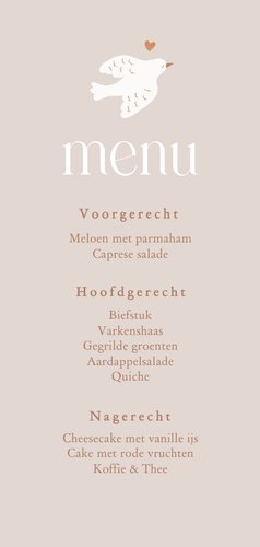 Lieve menukaarten communie met duifjes en bloemetjes beige Achterkant