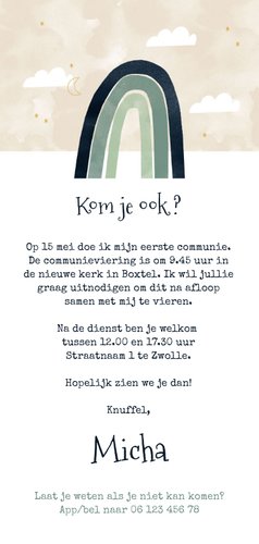 Lieve uitnodiging voor communie met regenboog Achterkant