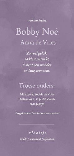 Lila geboortekaartje met viooltje bloem voor februari Achterkant