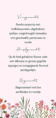 Menu veldbloemen vrolijk op roze Achterkant