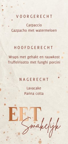 Menukaart 21-diner met roze waterverf en koper details Achterkant