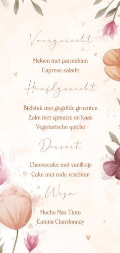 Menukaart bloemen met koperen hartjes waterverf Achterkant