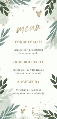 Menukaart botanisch 'menu' met gouden hartjes Achterkant