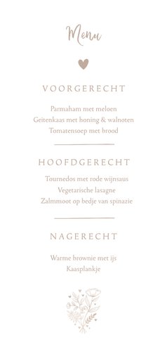 Menukaart bruiloft neutrale waterverf hartje & bosje bloemen Achterkant