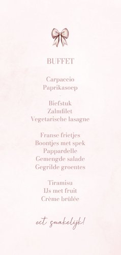 Menukaart communie lief met roze strik waterverf Achterkant