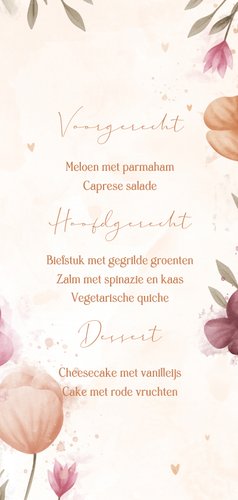 Menukaart communie waterverf bloemen met koperen hartjes Achterkant