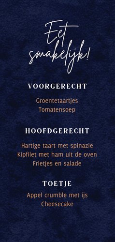 Menukaart communiefeest verf terra cotta blauw goud Achterkant