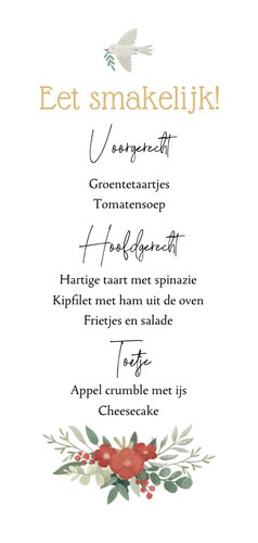 Menukaart communiejurk sterren goud vogel bloemen Achterkant