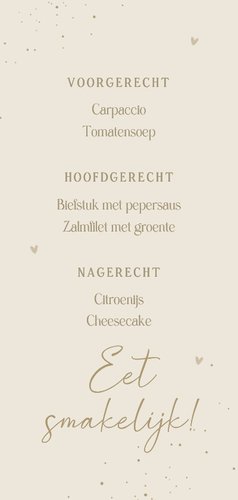 Menukaart heilig vormsel beige duif hartjes Achterkant