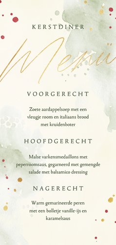 Menukaart kerstdiner kersttakjes in waterverf met goudfolie Achterkant
