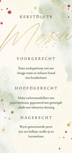 Menukaart kerstdiner kersttakjes in waterverf met goudfolie Achterkant