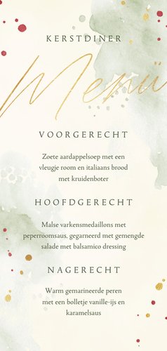 Menukaart kerstdiner waterverf kersttakjes met goud Achterkant