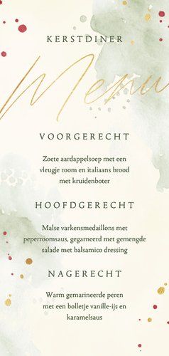 Menukaart kerstdiner waterverf kersttakjes met goud Achterkant