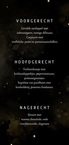 Menukaart kerstdiner zwart met goud hartjes en waterverf Achterkant