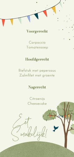 Menukaart lentefeest boom en wereld vogel Achterkant