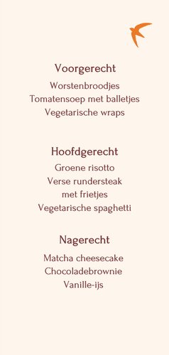 Menukaart lentefeest oranje vogeltjes met roze streep Achterkant