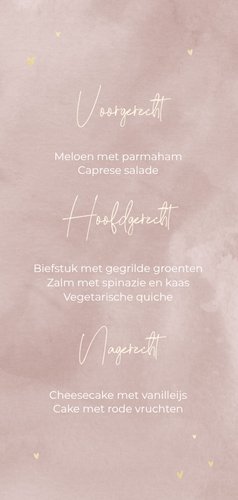 Menukaart met goudfolie hartjes en oudroze waterverf Achterkant