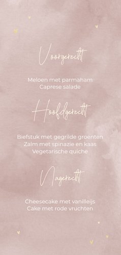 Menukaart met oudroze waterverf en goudfolie hartjes Achterkant