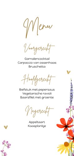 Menukaart met zomerse veldbloemen en hartjes in goud Achterkant