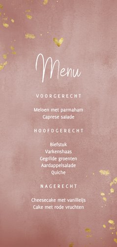 Menukaart oud roze waterverf gouden spetters Achterkant