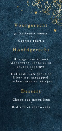 Menukaart trouwdag velvet blauw eucalyptus goud hartjes 3