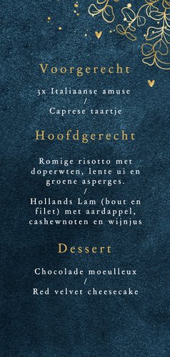 Menukaart trouwdag velvet blauw eucalyptus goud hartjes 3