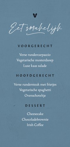 Menukaart trouwen blauw verf hartjes stijlvol Achterkant
