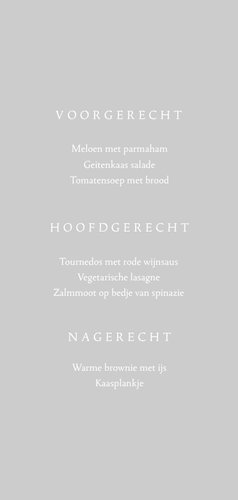 Menukaart trouwerij met grote foto en witte typografie Achterkant