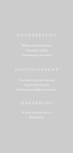 Menukaart trouwerij met grote foto en witte typografie Achterkant