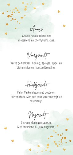 Menukaart waterverf mintgroen goudlook hartjes langwerpig Achterkant