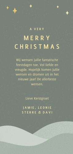 Minimalistische groene kerstkaart met landschap en sterren Achterkant